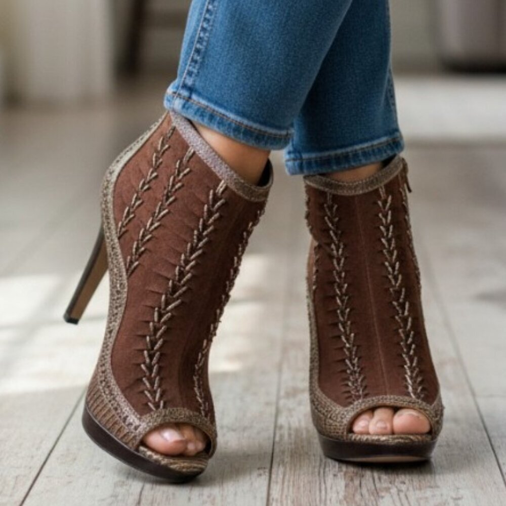 Vince Camuto Brown VC-Night Woven Leather Peep Toe Side Zipper 4.5" Shoes 8.5B - Picture 1 of 16